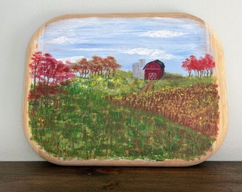 Hand Painted Farmland Scene, Acrylic on Wood Cutting Board