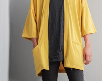 Men's Yellow Mustard Kimono Cardigan, Man Noragi Jacket, Unisex Oversized Haori Coat, Japan Streetwear, Loose Style Street Yukata Overcoat