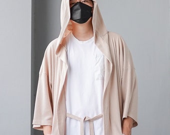 Men's Beige Long Noragi Hoodie, Man Kimono Cardigan, Oversized Street Haori Jacket, Unisex Japan Streetwear, Loose Style Yukata Overcoat
