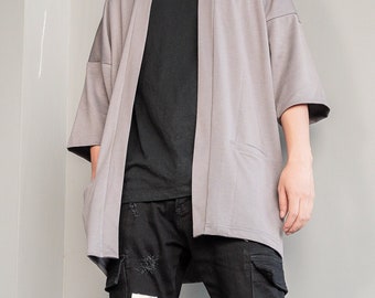 Men's Gray Kimono Cardigan Noragi Jacket, Oversized Japan Street Man Haori, Unisex Streetwear, Loose Style Yukata Overcoat