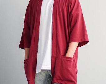 Men's Dark Red Kimono Cardigan, Man Noragi Jacket, Unisex Oversized Haori Coat, Japan Streetwear, Loose Style Street Yukata Overcoat