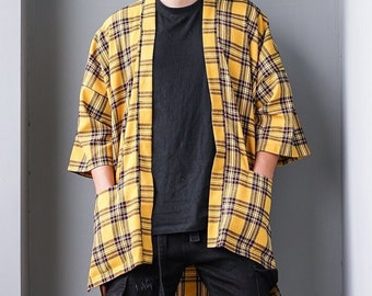 Men's Yellow Plaid Flannel Kimono Cardigan, Tartan Noragi Jacket, Oversized Street Haori Coat, Japan Streetwear, Loose Style Yukata Overcoat