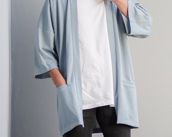 Men's Sky Blue Kimono Cardigan, Man Noragi Jacket, Unisex Oversized Haori Coat, Japan Streetwear, Loose Style Street Yukata Overcoat