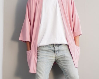 Men's Pink Kimono Cardigan, Man Noragi Jacket, Unisex Oversized Haori Coat, Japan Streetwear, Loose Style Street Yukata Overcoat