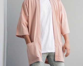 Men's Beige Kimono Cardigan, Man Noragi Jacket, Unisex Oversized Haori Coat, Japan Streetwear, Loose Style Street Yukata Overcoat