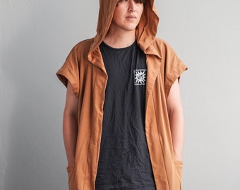Men's Golden Mustard Sleeveless Noragi Hoodie, Man Kimono Cardigan, Oversized Gym Haori Jacket, Unisex Japan Sportswear Training Yukata Vest