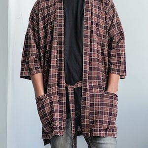 Men&#39;s Brown Plaid Flannel Kimono Cardigan, Tartan Noragi Jacket, Oversized Street Haori Coat, Japan Streetwear, Loose Style Yukata Overcoat