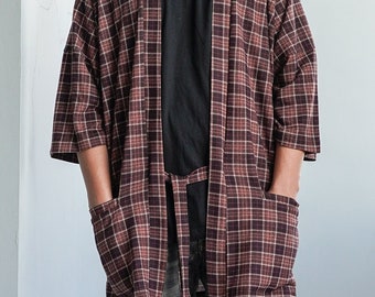 Men's Brown Plaid Flannel Kimono Cardigan, Tartan Noragi Jacket, Oversized Street Haori Coat, Japan Streetwear, Loose Style Yukata Overcoat