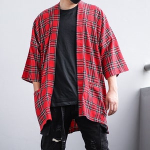 Men&#39;s Red Plaid Flannel Kimono Cardigan, Tartan Noragi Jacket, Oversized Street Haori Coat, Japan Streetwear, Loose Style Yukata Overcoat