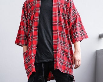 Men's Red Plaid Flannel Kimono Cardigan, Tartan Noragi Jacket, Oversized Street Haori Coat, Japan Streetwear, Loose Style Yukata Overcoat