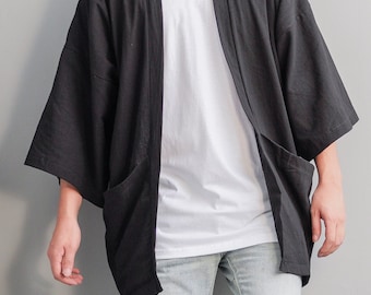 Men's Black Cotton Linen Japan Kimono Cardigan, Man Noragi Coat, Oversized Pockets Haori Jacket, Loose Style Yukata Robe Overcoat