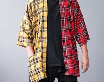Men's Patchwork Plaid Kimono Cardigan: Red & Yellow Tartan Haori