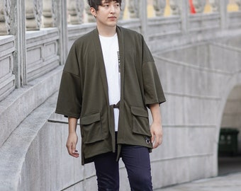 Men's Olive Green Cargo Noragi with belts, Long Japan Kimono Cardigan, Man Coat, Oversized Street Haori Jacket, Loose Yukata Overcoat