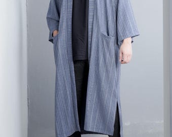 Men's Denim Blue Long Ribbed Kimono Cardigan Coat, Japanese Noragi Knitted Robe , Oversized Haori Jacket, Loose Style Yukata Sweater