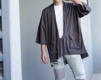 Men's Dark Gray Cargo Noragi with belts, Long Japan Kimono Cardigan, Man Coat, Oversized Street Haori Jacket, Loose Yukata Overcoat