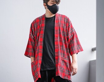 Men s Red Plaid Flannel Kimono Cardigan Tartan Noragi Jacket Oversized Street Haori Coat Japan Streetwear Loose Style Yukata Overcoat Etsy