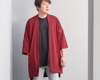 Men's Long Dark Red Kimono Cardigan, Japan Oversized Noragi Jacket, 4 Pockets Coat, Textured No-Wrinkle Fabric, One Size Street Haori Yukata