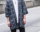 Men 39 s Gray Plaid Japan Kimono Cardigan, Tartan Noragi Jacket, Oversized Street Haori Coat, Unisex Streetwear, Loose Style Yukata Overcoat