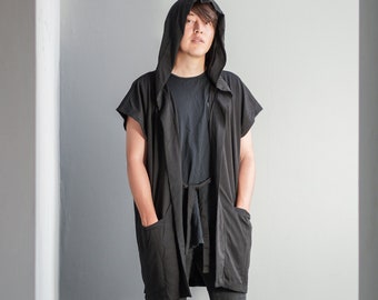 Men's Black Sleeveless Noragi Hoodie, Man Kimono Cardigan, Oversized Gym Haori Jacket, Unisex Japan Sportswear, Training Yukata Sports Vest