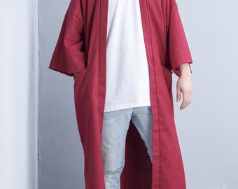 Men's Dark Red Cotton Linen Kimono Cardigan: Oversized Haori Jacket