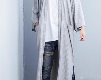 Men's Gray Long Ribbed Kimono Cardigan Coat, Japanese Noragi Knitted Robe , Oversized Haori Jacket, Loose Style Yukata Sweater Overcoat
