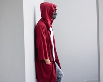Men's Dark Red Long Noragi Hoodie, Man Kimono Cardigan, Oversized Street Haori Jacket, Unisex Japan Streetwear, Loose Style Yukata Overcoat