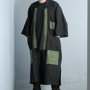 Herr 6-fickors lapptäcke svart-olivfärgad lång bomullslinne Noragi-kappa, japansk kimonokofta, överdimensionerad Haori-jacka, Yukata-mantel överrock