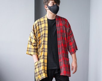 Men's Patchwork Red&Yellow Plaid Kimono Cardigan, Tartan Noragi Jacket, Oversized Street Haori Coat, Japan Streetwear, Loose Yukata Overcoat