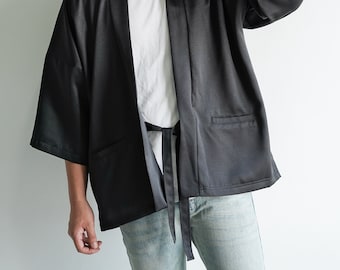 Men's Black Japan Kimono Cardigan, Man Noragi Coat, Unisex Oversized Street Haori Jacket, Fall Streetwear, Loose Style Yukata Overcoat
