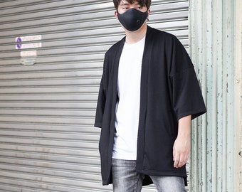 Men's Long Black Kimono Cardigan, Japan Oversized Noragi Jacket, 4 Pockets Coat, Textured Anti Wrinkle Fabric, One Size Street Haori Yukata