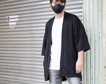 Men's Long Black Kimono Cardigan, Japan Oversized Noragi Jacket, 4 Pockets Coat, Textured Anti Wrinkle Fabric, One Size Street Haori Yukata