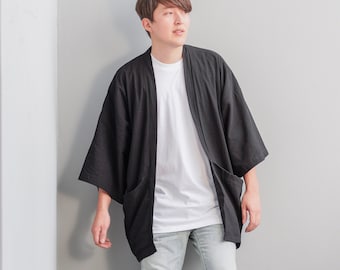 Cárdigan de kimono japonés de lino y algodón negro para hombre, abrigo Noragi para hombre, chaqueta Haori con bolsillos de gran tamaño, abrigo de bata Yukata de estilo suelto