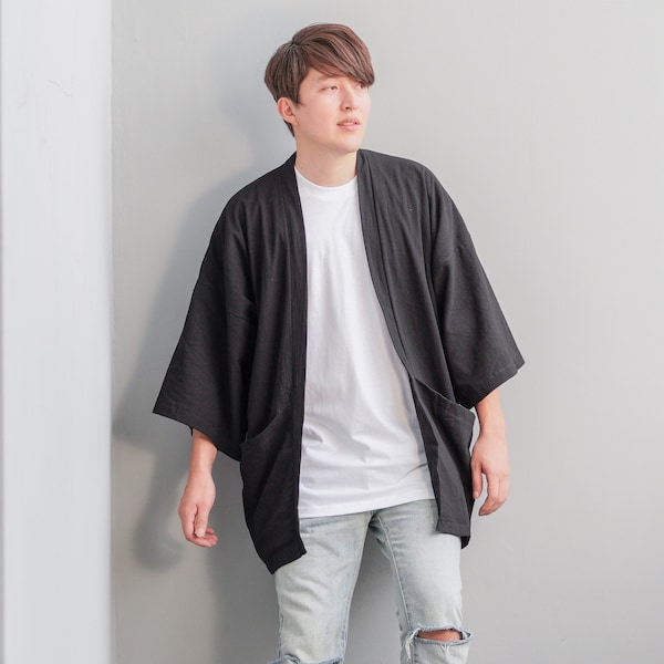 Men's Black Cotton Linen Japan Kimono Cardigan, Man Noragi Coat, Oversized Pockets Haori Jacket, Loose Style Yukata Robe Overcoat