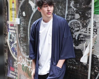 Men's Navy Japan Kimono Cardigan, Man Noragi Coat, Unisex Oversized Street Haori Jacket, Fall Streetwear, Loose Style Yukata Overcoat