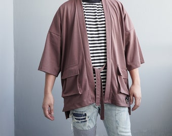 Men's Brown Cargo Noragi with belts, Long Japan Kimono Cardigan, Man Coat, Oversized Street Haori Jacket, Loose Yukata Overcoat