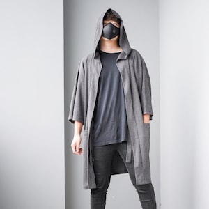 Men&#39;s Dark Gray Long Noragi Hoodie, Man Kimono Cardigan, Oversized Street Haori Jacket, Unisex Japan Streetwear, Loose Style Yukata Overcoat