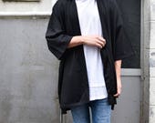Men 39 s Long Black Kimono Cardigan, Japan Oversized Noragi Jacket, 4 Pockets Coat, Textured Anti Wrinkle Fabric, One Size Street Haori Yukata