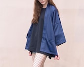 Women 39 s Navy Japan Kimono Cardigan, Woman Noragi Coat, Oversized Street Haori Jacket, Unisex Streetwear, Loose Style Yukata Overcoat