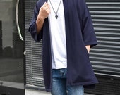Men 39 s Long Navy Kimono Cardigan, Japan Oversized Noragi Jacket, 4 Pockets Coat, Textured Anti Wrinkle Fabric, One Size Street Haori Yukata