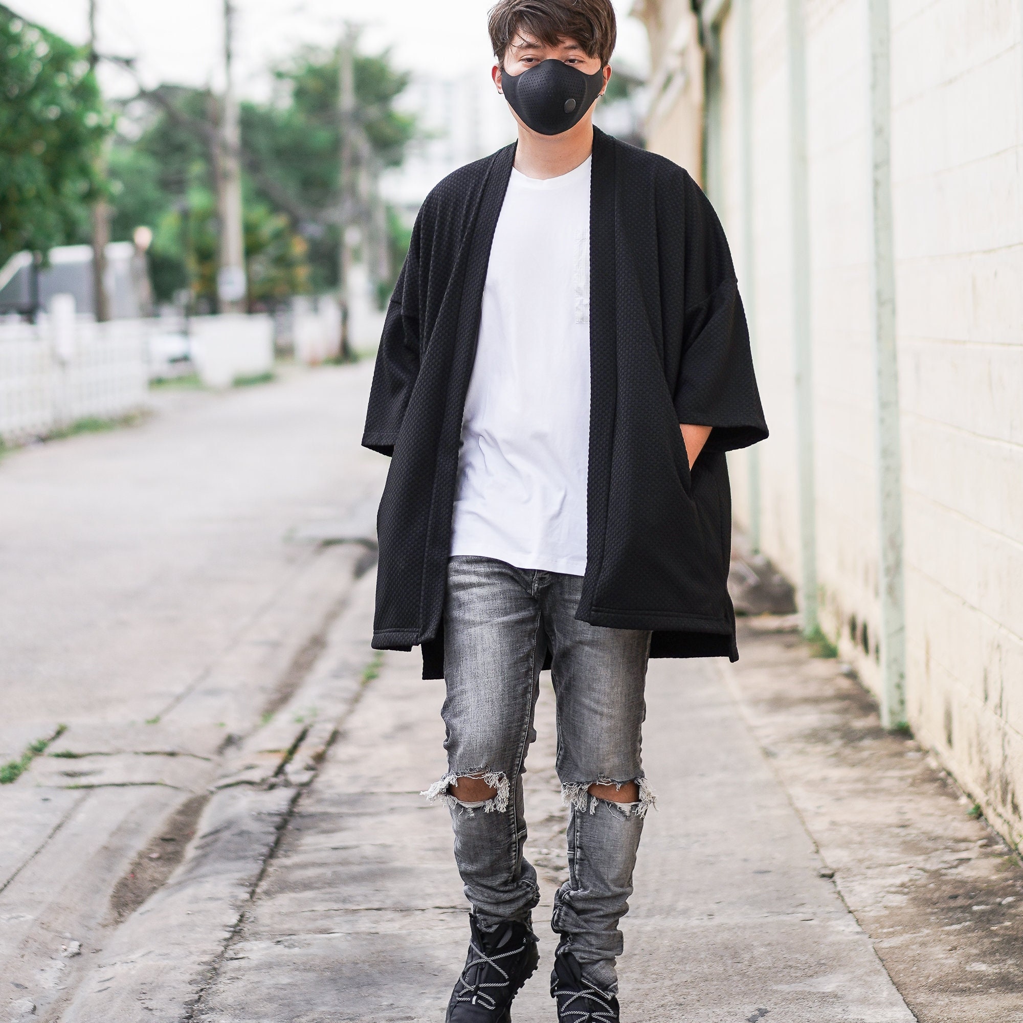 Men's Long Black Kimono Cardigan, Japan Oversized Noragi Jacket, 4