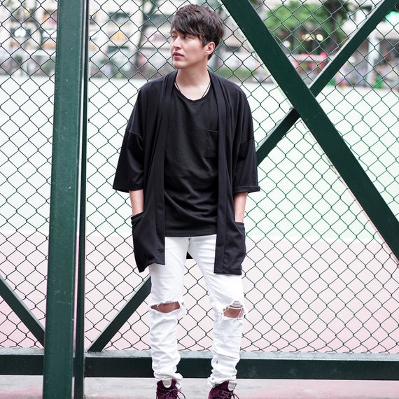 Men's Black Long Japan Kimono Cardigan, Man Noragi Coat, Oversized