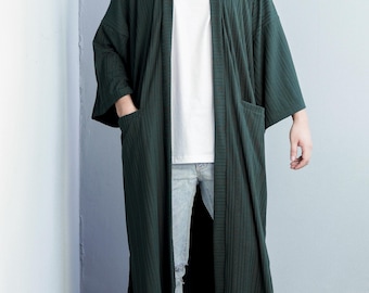Men's Dark Green Long Ribbed Kimono Cardigan Coat, Japanese Noragi Knitted Robe , Oversized Haori Jacket, Loose Style Yukata Sweater