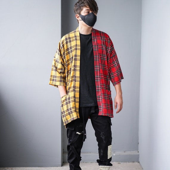 Men's Patchwork Red\u0026yellow Plaid Kimono 