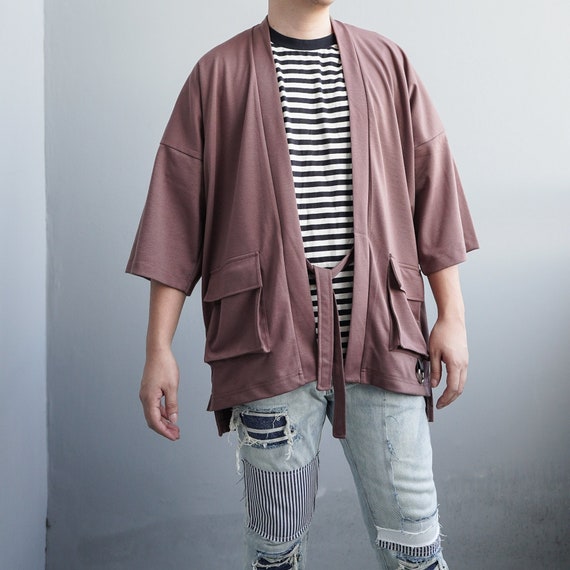 Herren Brown Cargo Noragi mit Gürtel, lange Japan Kimono