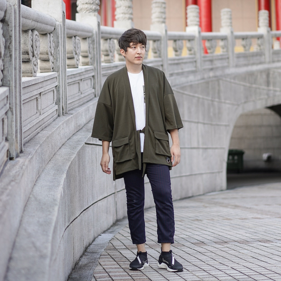 None / | Haori Cardigan 羽織り カーディガン | 0 | グリーン | メンズ Men's Olive Green Cargo Noragi With Belts, Long Japan Kimono