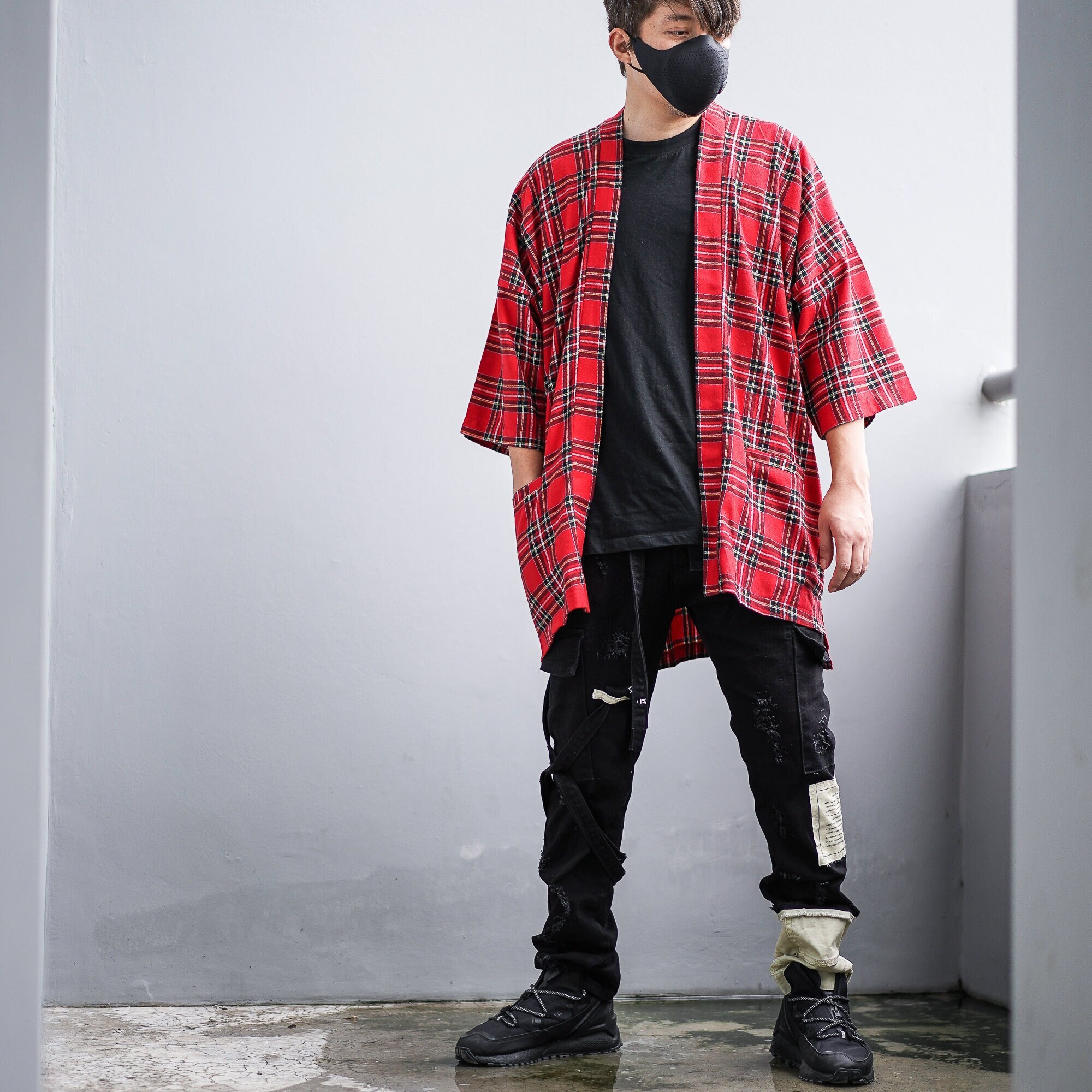 Men's Red Plaid Flannel Kimono Cardigan 