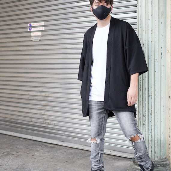Men's Long Black Kimono Cardigan, Japan Oversized Noragi Jacket, 4
