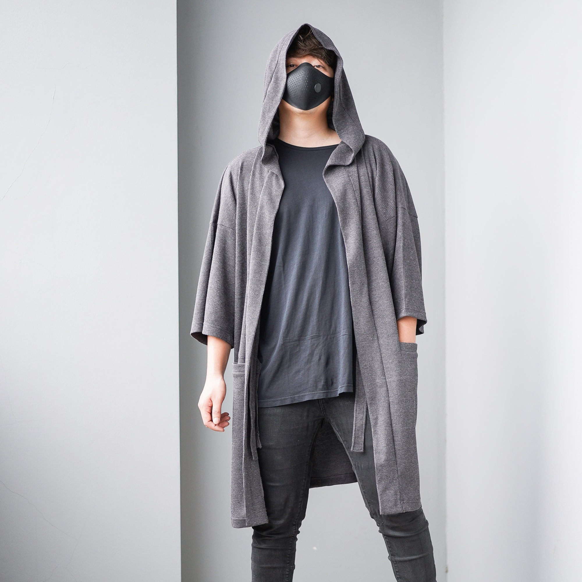 Men's Dark Gray Long Noragi Hoodie, Man Kimono Cardigan, Oversized
