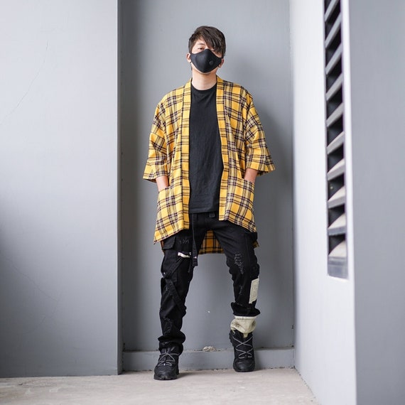 Men's Yellow Plaid Flannel Kimono Cardigan, Tartan Noragi Jacket