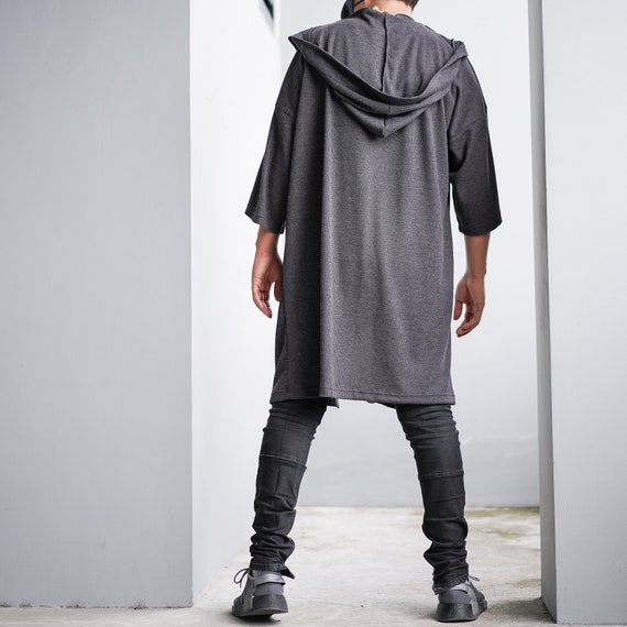 Men's Dark Gray Long Noragi Hoodie, Man Kimono Cardigan, Oversized